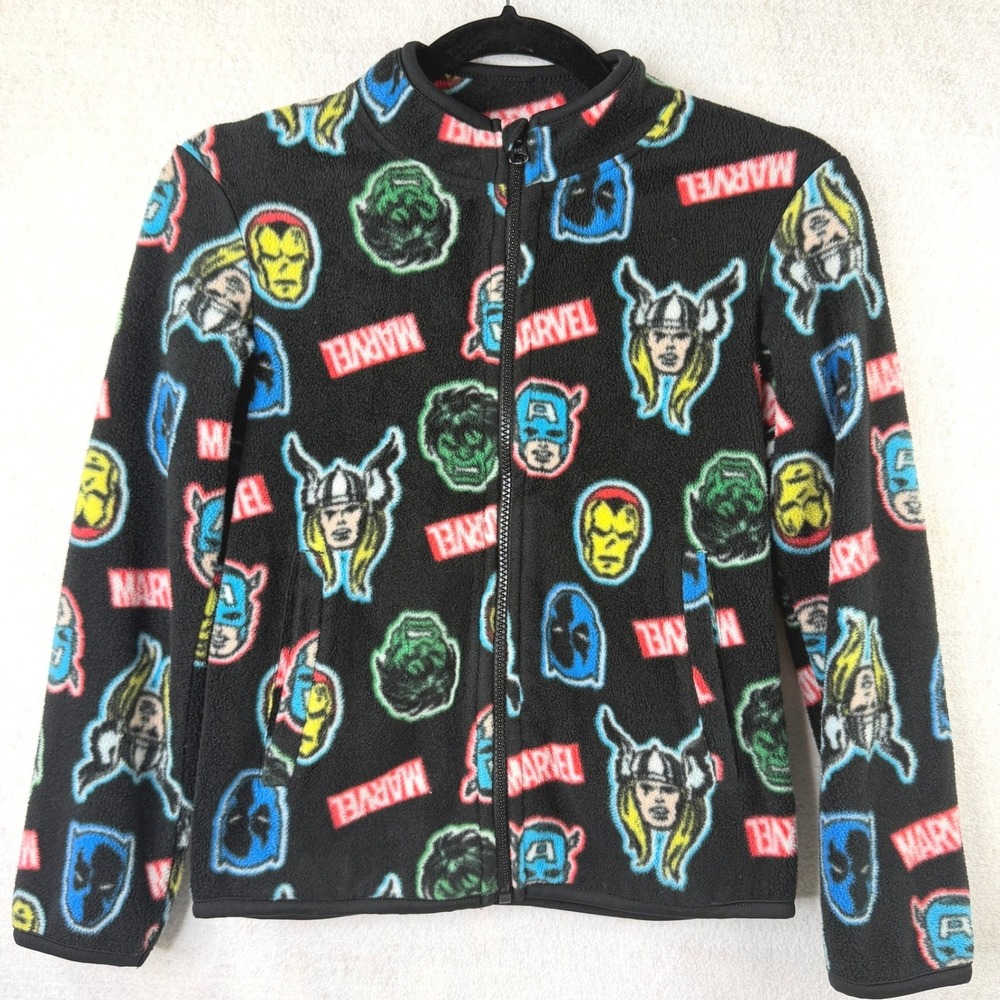 Marvel Avengers Fleece Jacket‎ Boys M Black All Over Print Zip Up Superhero Cozy
